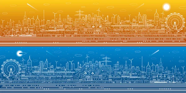 Dia e noite panorama da cidade, infra-estrutura da cidade ilustração, roda gigante, horizonte moderno, linhas brancas no fundo azul, arte de design vetorial —  Vetores de Stock