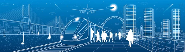 City and transport panorama. Passengers get on train, people at station. Airplane fly. Big bridge. Modern town on background, towers and skyscrapers. Yachts on water. White lines. Vector design art — Stock Vector