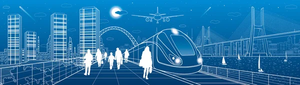 Infrastructure and transport panorama. Train move on railway. People at station. Airplane fly. Big bridge. Modern night city, towers and skyscrapers. Yachts on water. White lines. Vector design art — Stock Vector