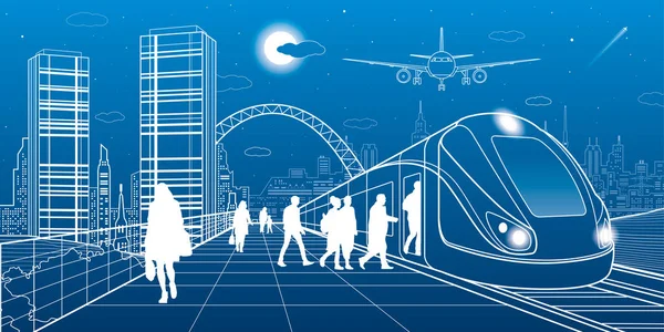 都市と交通の図。乗客は列車、駅で人々 に取得します。飛行機飛ぶ。背景、塔や高層ビルに近代的な町。白い線。ベクター デザイン アート — ストックベクタ