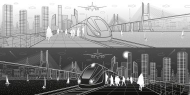 Şehir ve taşıma panorama. Yolcu treni, insan istasyonunun olsun. Uçak fly. Büyük köprü. Arka plan, kule ve gökdelen için modern şehir. Yatlar su. Beyaz çizgiler. Vektör tasarım sanat