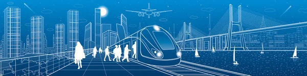 City and transport panorama. Passengers get on train, people at station. Airplane fly. Big bridge. Modern town on background, towers and skyscrapers. Yachts on water. White lines. Vector design art — Stock Vector