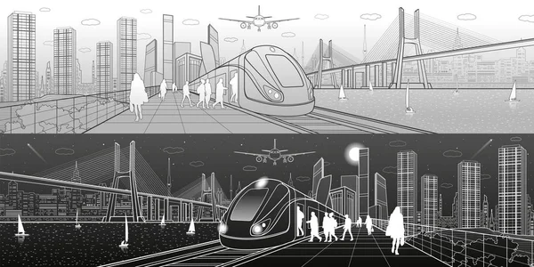 Ciudad y panorama del transporte. Los pasajeros suben al tren, la gente en la estación. El avión vuela. Gran puente. Ciudad moderna en el fondo, torres y rascacielos. Yates en el agua. Líneas blancas. Arte de diseño vectorial — Vector de stock