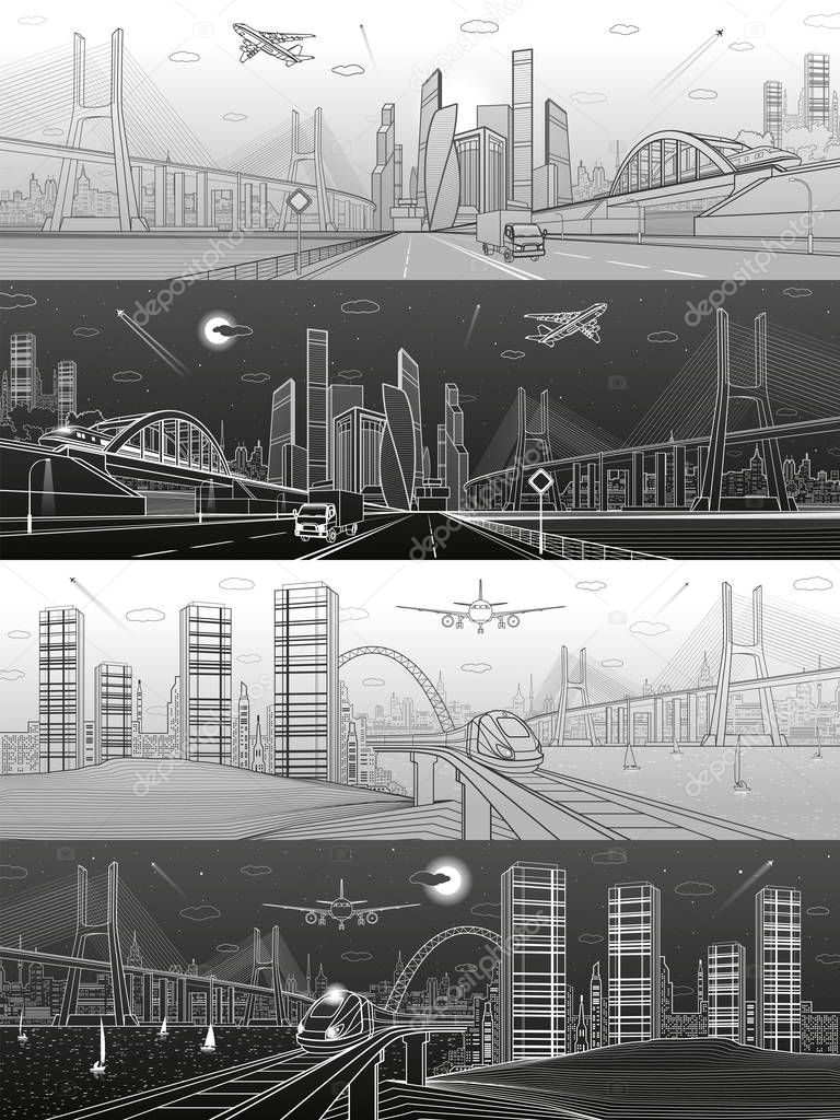 Infrastructure and transport panoramic set. Train move on railway. Airplane fly. Wide highway. Truck rides. Big bridge. Modern city, towers and skyscrapers. White and black lines. Vector design art