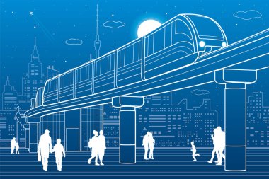 Monoray tren. Tren hareket üzerinde köprü. Modern gece şehir arka. Kentsel fütüristik ve taşıma illüstrasyon. Uçak fly. Beyaz çizgiler üzerinde mavi arka plan, Tasarım sanat vektör