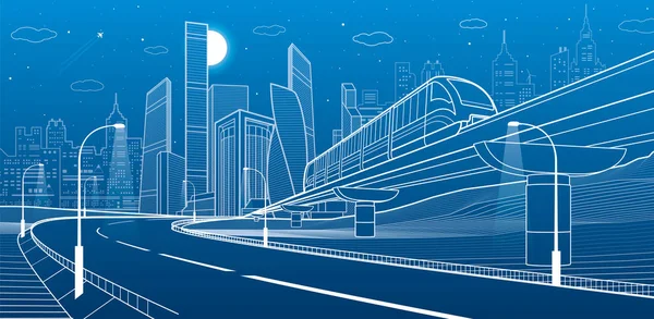 Infrastrutture cittadine e illustrazione dei trasporti. Ferrovia monorotaia. Il treno sorvola il cavalcavia. Moderna città di notte. L'aereo vola. Torri e grattacieli. Linee bianche su sfondo blu, arte del disegno vettoriale — Vettoriale Stock