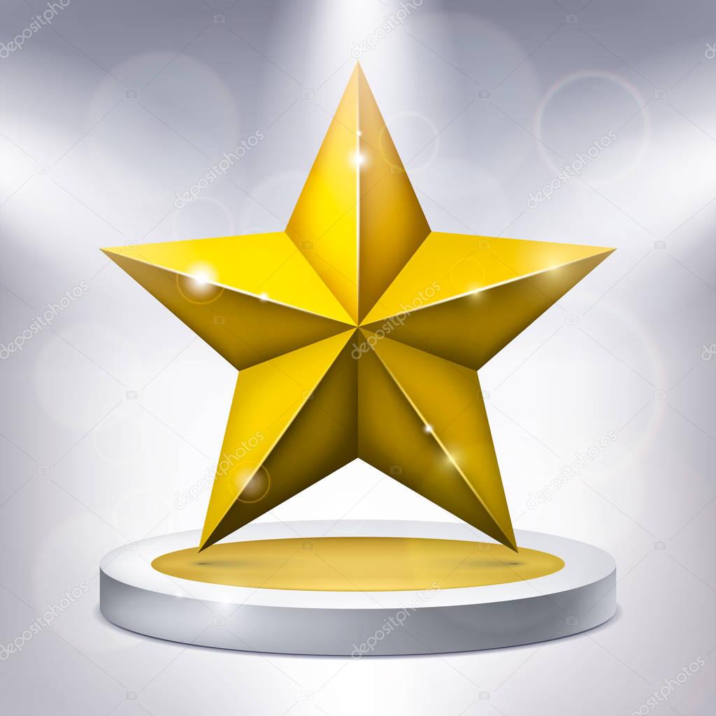 Gold five-pointed star on the illuminated podium, award pedestal, geometry shape, vector design for you project