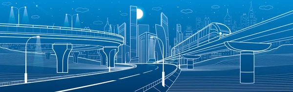 Cena de transporte de infraestrutura da cidade. Ferrovia monotrilho. Viaduto automóvel. O comboio passa por cima do viaduto. Cidade moderna. Voa de avião. Torres e arranha-céus. Linhas brancas sobre fundo azul, arte de design vetorial — Vetor de Stock