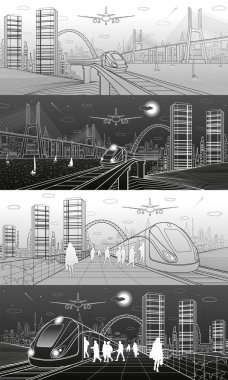 Şehir ve taşıma illüstrasyon ayarlayın. Yolcu treni, insan istasyonunun olsun. Uçak fly. Arka plan, kule ve gökdelen için modern şehir. Büyük köprü. Beyaz ve gri çizgiler. Vektör tasarım sanat