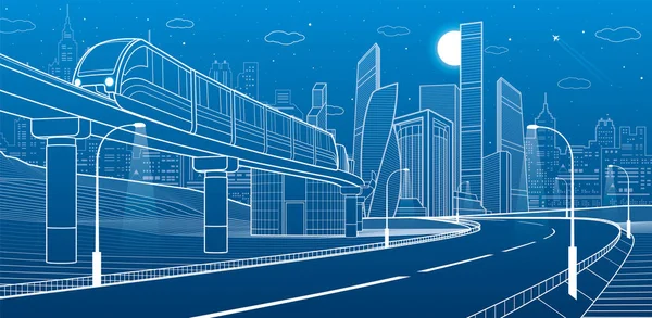 Городская инфраструктура и транспортная иллюстрация. Монорельсовая дорога. Поезд проезжает над пролетом. Современный ночной город. Самолет летит. Башни и небоскребы. Белые линии на синем фоне, векторный дизайн — стоковый вектор