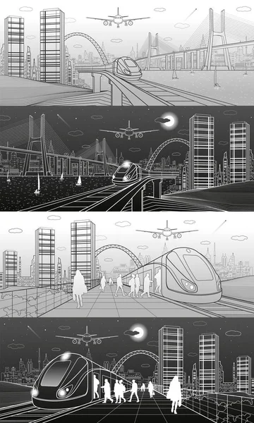 Şehir ve taşıma illüstrasyon ayarlayın. Yolcu treni, insan istasyonunun olsun. Uçak fly. Arka plan, kule ve gökdelen için modern şehir. Büyük köprü. Beyaz ve gri çizgiler. Vektör tasarım sanat