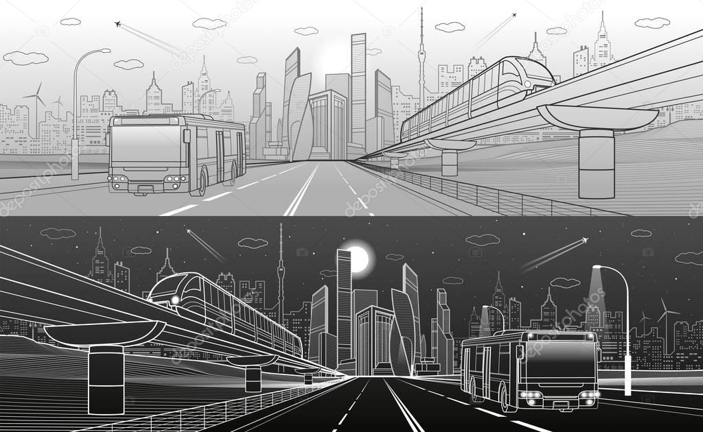 City infrastructure transport panorama. Monorail railway. Train move over flyover. Modern night city. Airplane fly. Towers and skyscrapers. Bus move. White and black lines, vector design art