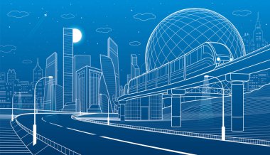Şehir altyapı ve ulaşım illüstrasyon. Monoray tren. Tren köprü üzerinde hareket ettirin. Küresel yapı. Modern gece şehir. Uçak fly. Kule ve gökdelen. Beyaz çizgiler. Vektör tasarım sanat
