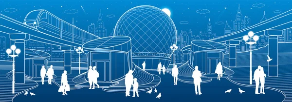 Modern şehir mimarisi. Alt geçide girişi. Fütüristik kentsel illüstrasyon. İnsanlar Sokağı'nda. Uçak fly. Gece şehir. Beyaz çizgiler üzerinde mavi arka plan, Tasarım sanat vektör