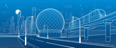 Şehir altyapı ve ulaşım illüstrasyon. Monoray tren. Tren köprü üzerinde hareket ettirin. Küresel yapı. Modern gece şehir. Uçak fly. Kule ve gökdelen. Beyaz çizgiler. Vektör tasarım sanat