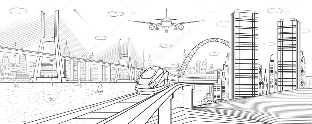 Infrastructure and transport illustration. Train move on railway. Airplane fly. Big cable-stayed bridge. Modern night city, towers and skyscrapers. Black lines on white background. Vector design art