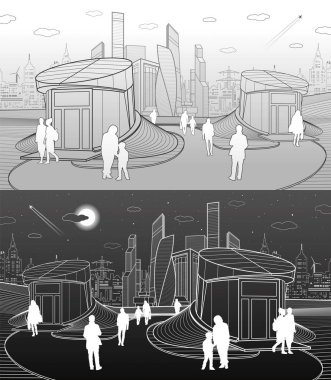 Modern mimari. Alt geçide girişi. Fütüristik kentsel illüstrasyon. İnsanlar yürürken, insanlar. Uçak fly. Beyaz ve gri çizgiler, vektör tasarım sanat