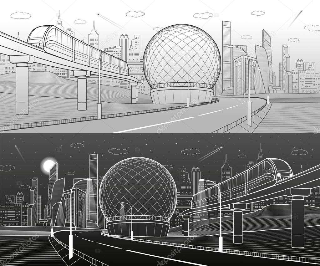 City infrastructure and transport illustration. Monorail railway. Train move over flyover. Spherical building. Modern town. Airplane fly. Towers and skyscrapers. White lines. Vector design art