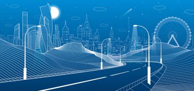 Işıklı otoyol dağlarda. Altyapı illüstrasyon. Arka plan, kule ve gökdelenler, iş binalar, dönme dolap, modern şehir. Gece sahne. Beyaz çizgiler. Vektör tasarım sanat