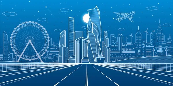 Wide highway. Urban infrastructure illustration, futuristic city on background, modern architecture. Airplane fly. White lines on blue background, night scene, vector design art — Stock Vector