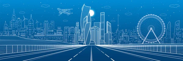 Carretera ancha. Ilustración de infraestructura urbana panorama, ciudad futurista sobre fondo, arquitectura moderna. El avión vuela. Líneas blancas sobre fondo azul, escena nocturna, arte de diseño vectorial — Vector de stock