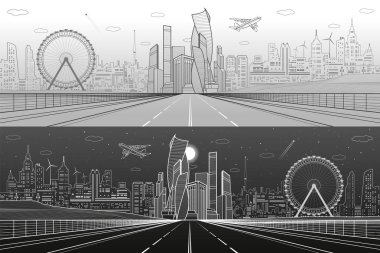 Geniş otoyol. Kentsel altyapı illüstrasyon panorama, arka plan, modern mimari, dönme dolap fütüristik şehir. Uçak fly. Beyaz ve gri çizgiler, gündüz ve gece sahne, vektör tasarım sanat