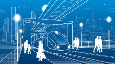 Altyapı ve ulaşım illüstrasyon. Monoray tren. İnsanlar köprü altında. Yaya geçidi. Tren hareket. Modern gece şehir. Kule ve gökdelen. Beyaz çizgiler. Vektör tasarım sanat