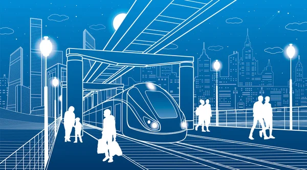 Infrastrutture e illustrazione dei trasporti. Ferrovia monorotaia. Gente che cammina sotto il cavalcavia. Il marciapiede. Il treno si muove. Moderna città di notte. Torri e grattacieli. Linee bianche. Arte del design vettoriale — Vettoriale Stock