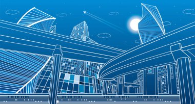 Ulaşım Üstgeçit Köprüsü, kentsel altyapı. Modern şehir arka plan, gökdelenler ve towers. Vektör tasarım sanat