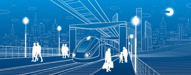 Altyapı ve ulaşım illüstrasyon. Monoray tren. İnsanlar köprü altında. Yaya geçidi. Tren hareket. Modern gece şehir. Kule ve gökdelen. Beyaz çizgiler. Vektör tasarım sanat
