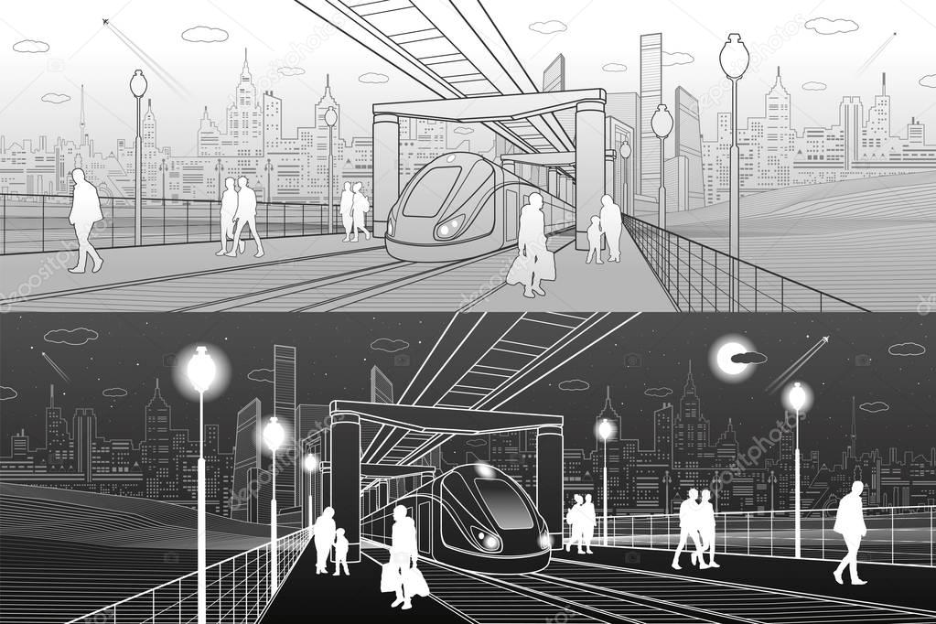 Infrastructure and transport panorama. Monorail railway. People walking under flyover. Train move. Railway platform. Modern night city. Towers and skyscrapers. White and gray lines. Vector design art