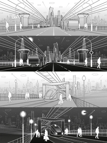 Altyapı ve ulaşım panorama küme. Monoray tren. İnsanlar köprü altında. Tren hareket. Modern şehir. Geniş otoyol. Yolcu sol otobüs. Kule ve gökdelen. Vektör tasarım sanat