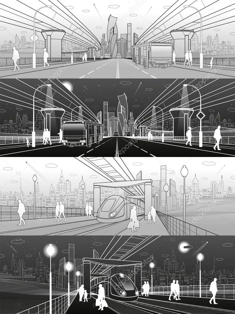 Infrastructure and transport panorama set. Monorail railway. People walking under bridge. Train move. Modern city. Wide highway. Passengers left bus. Towers and skyscrapers. Vector design art