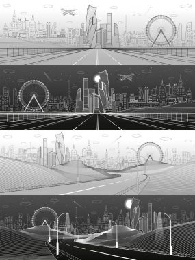 Şehir altyapı illüstrasyon ayarlayın. Geniş otoyol. Gelecek şehir manzarası arka plan üzerinde. Modern mimarisi, gökdelenler, dönme dolap, uçak fly. Beyaz ve gri çizgiler, kentsel sahne. Vektör tasarım sanat