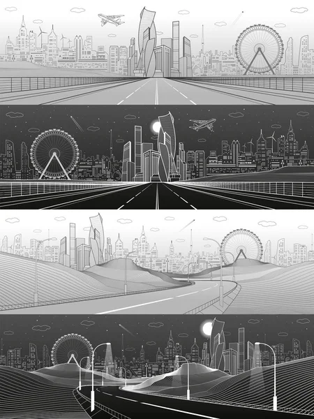 Şehir altyapı illüstrasyon ayarlayın. Geniş otoyol. Gelecek şehir manzarası arka plan üzerinde. Modern mimarisi, gökdelenler, dönme dolap, uçak fly. Beyaz ve gri çizgiler, kentsel sahne. Vektör tasarım sanat