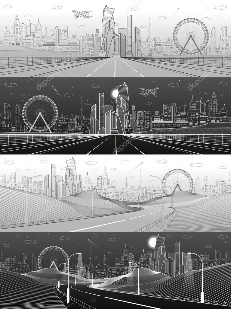 City infrastructure illustration set. Wide highway. Future town skyline on background. Modern architecture, skyscrapers, ferris wheel, plane fly. White and gray lines, urban scene. Vector design art