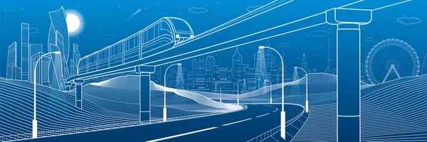 Monorail in bergen. Verlichte snelweg. Vervoer de illustratie. Toren en wolkenkrabbers, moderne stad, zakelijke gebouwen. Nachtscène. Witte lijnen op blauwe achtergrond. Vector design kunst — Stockvector