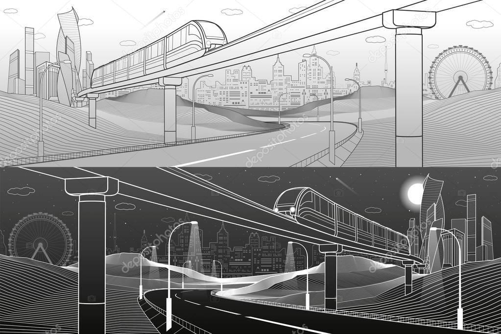 Monorail in mountains. Illuminated highway. Transportation urban illustration. Tower and skyscrapers at background, modern city, business buildings. White and gray lines. Vector design art