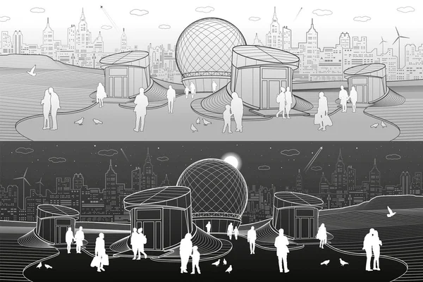 Modern şehir mimarisi. Altgeçit girişi. Küre yapı. Fütüristik kentsel illüstrasyon. İnsanlar Sokağı'nda. Uçak fly. Gece şehir. Beyaz ve gri çizgiler. Vektör tasarım sanat