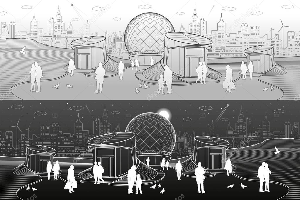 Modern city architecture. Entrance to underpass. Sphere building. Futuristic urban illustration. People walking at street. Airplane fly. Night town. White and gray lines. Vector design art