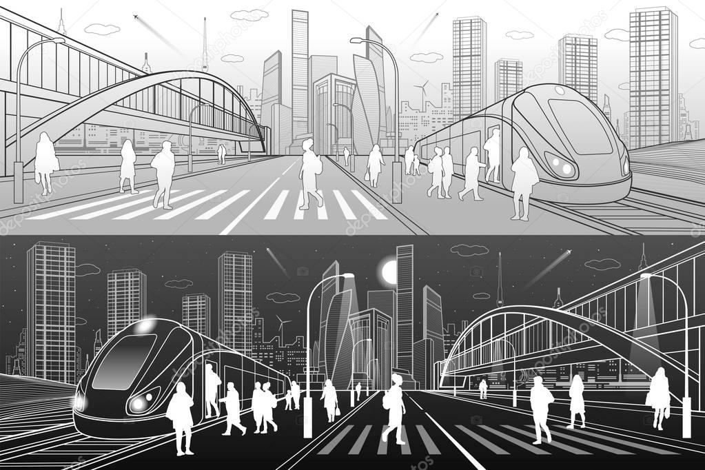 City and transport illustration. Big bridge. Pedestrian crossing. Passengers get in train, people at station. Modern town on background, towers, skyscrapers. Gray and white lines. Vector design art 