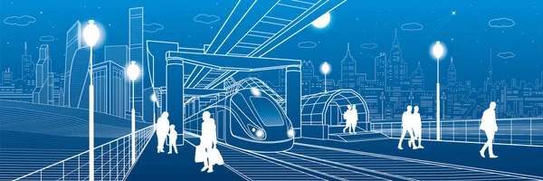 Panorama des infrastructures et des transports. Chemin de fer monorail. Des gens qui marchent sous le survol. Mouvement du train. Plateforme éclairée. Ville de nuit moderne. Tours et gratte-ciel. Lignes blanches. Design vectoriel art — Image vectorielle