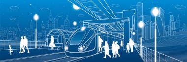 Altyapı ve ulaşım panorama. Monoray tren. İnsanlar köprü altında. Tren hareket. Işıklı platformu. Modern gece şehir. Kule ve gökdelen. Beyaz çizgiler. Vektör tasarım sanat