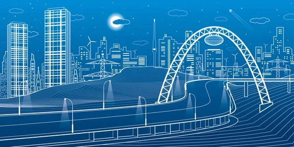 Auto-estrada debaixo da ponte. Cidade noturna moderna, cidade de néon. ilustração infra-estrutura, cena urbana. Linhas brancas no fundo azul. Arte de design vetorial — Vetor de Stock