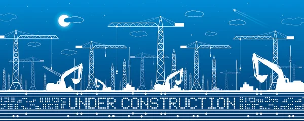 Ilustración en construcción. Panorama de desarrollo, paisaje industrial, construcción de grúas, excavadoras, líneas vectoriales de diseño de arte — Vector de stock