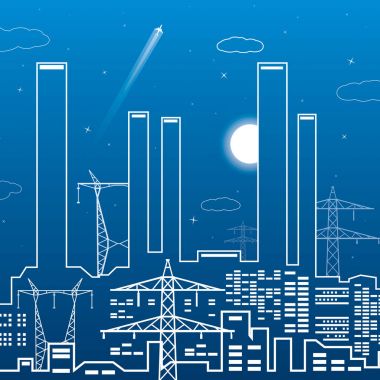 Vektör satırları santral, elektrik hatları, endüstriyel vektör tasarımı, kentsel illüstrasyon
