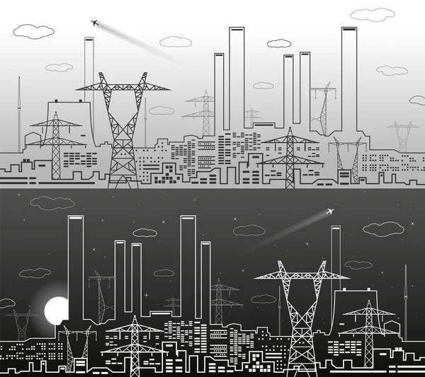 Líneas vectoriales central eléctrica, líneas de energía, diseño de vectores industriales, fondo oscuro y claro, ilustración urbana — Vector de stock