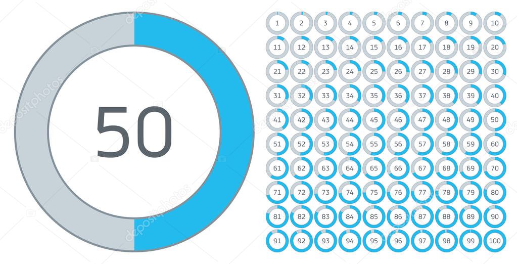 Vector set ring analytics diagrams, infographics for your business presentation, from 1 to 100 percent, blue and grey colors version