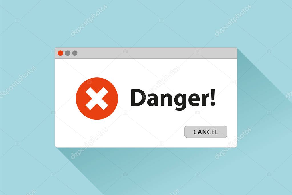 Danger page. Red cross. Error window in flat style, stop signs, vector design object for you projects