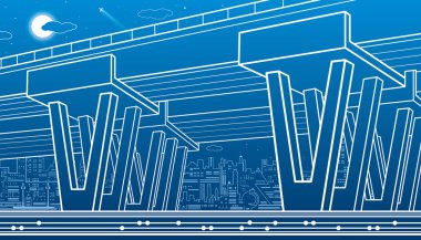 Şehir Mimarlık ve altyapı illüstrasyon, otomotiv Üstgeçit, büyük köprü, kentsel sahne. Gece şehir. Mavi zemin üzerine beyaz çizgiler. Vektör tasarım sanat